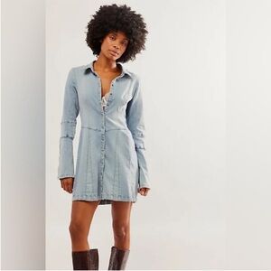 Free People Thea Denim Mini Dress, button up, size  Medium, EUC